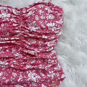 J.Crew Ruched Sweetheart One-piece in Tossed Floral Pink Flamingo